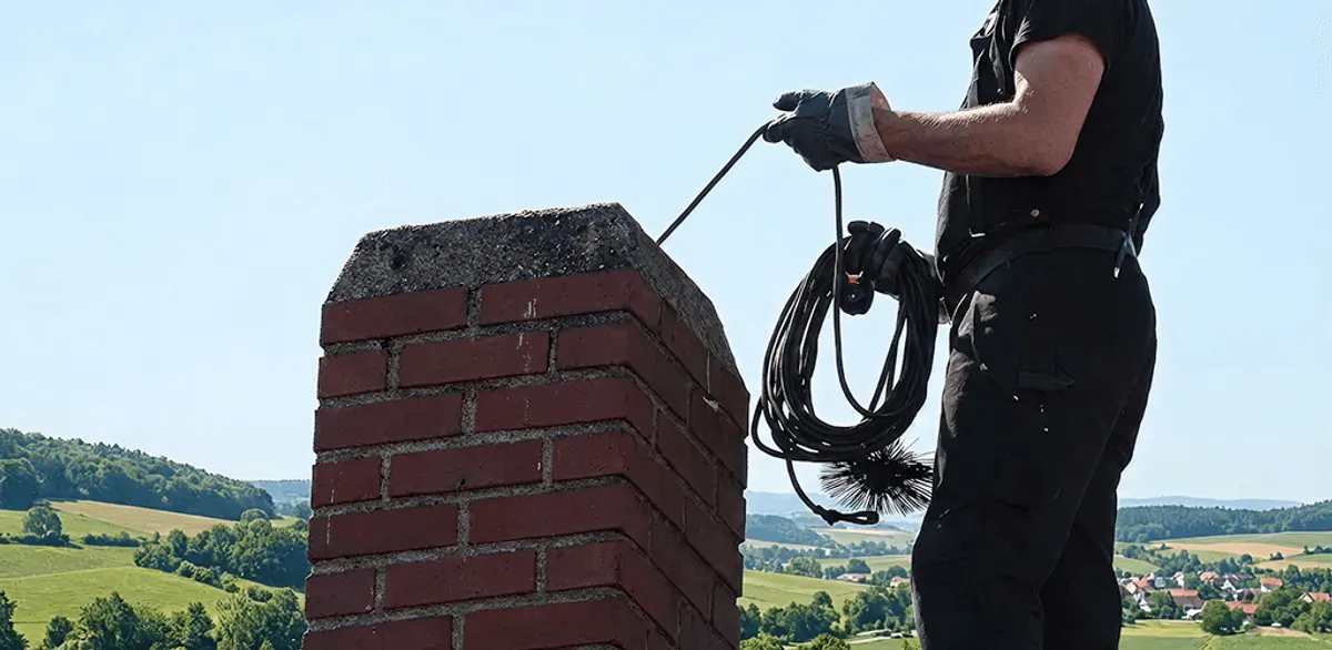 Chimney sweep inspecting and cleaning a rooftop chimney in San Jose, CA
