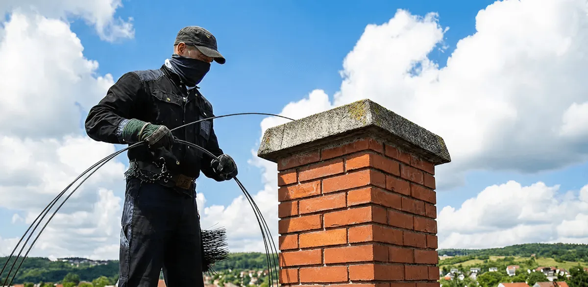 Chimney sweep cleaning a brick chimney with professional tools in San Jose, CA